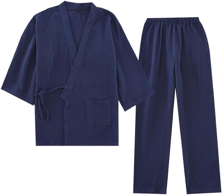 作務衣 メンズ 浴衣 甚平 綿100 寝間着 7分袖 大きいサイズ 秋(ネイビー, XL)