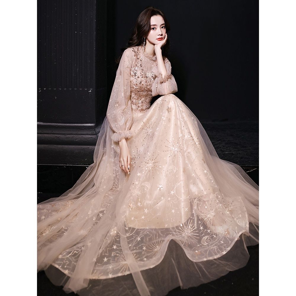 シャンパンカラードレス2025バンケット気質ホストロングバースデーパーティードレス