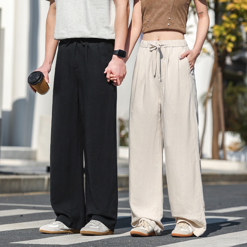 リネンワイドレッグカーブパンツ ストリートファッション 男女兼用