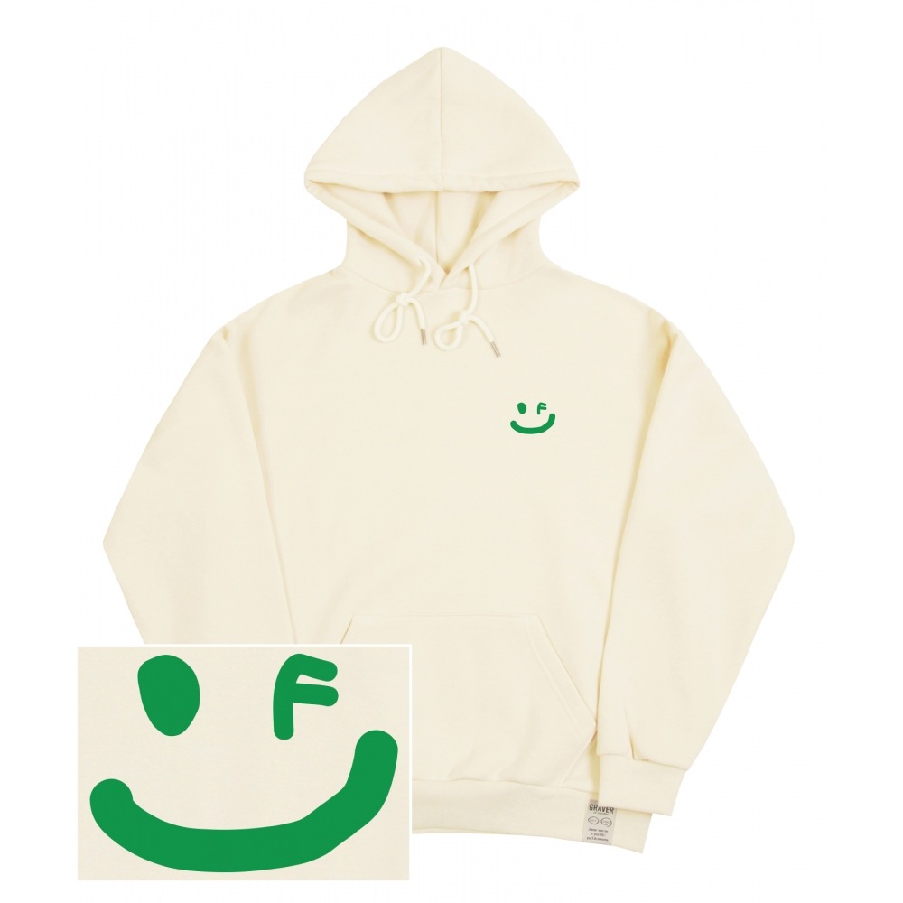 GRAVER [UNISEX]スモールドローイングスマイルフードティー_クリーム/グリーンロゴ