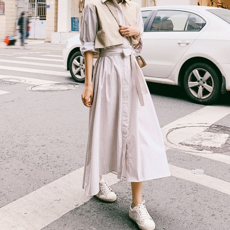 新品更新 売り切れ注意セットアップ風 レディース ワンピース 春秋 スプリング ティーブレイクスカート フェイクツーピース オーバー ゆったり おしゃれ 9720