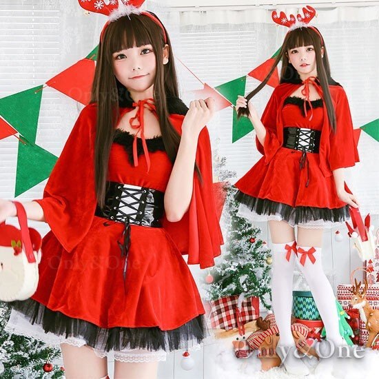 サンタコスプレブラックファーサンタワンピースポンチョフート付きマントサンタコスチューム