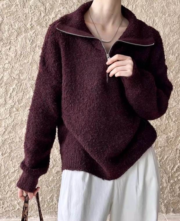 クーポン有トップス レディース ニット セーター ジップアップ 秋 普通丈トップス 長袖 ハイネック ストレート オーバーサイズ ふっくら 伸縮性 キャメル ワインレッド 秋カラー 無地 フリーサイズ