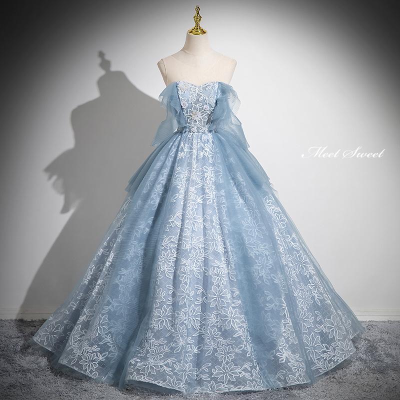 カラードレス プリンセスライン ロングドレス ブルー 花柄 編み上げ チュール ウェディングドレス 結婚式 二次会 花嫁 前撮り 演奏会 発表会 ステージ衣装
