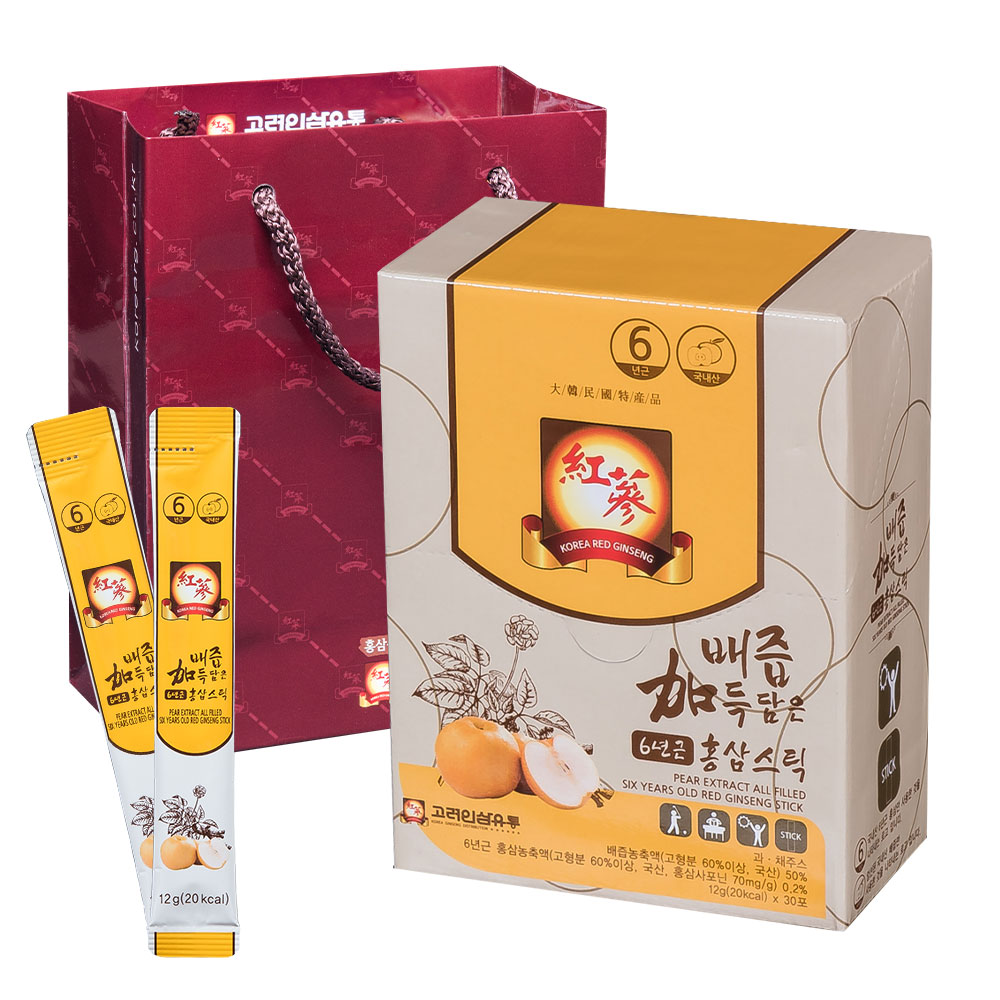 高麗人参流通の果汁いっぱいの6年根紅参スティック30包+ショッピングバッグ