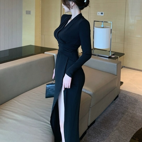 レディース ドレス ロングドレス ワンピース ロングワンピース タイトワンピース 長袖 Vネック ウエストマーク スリット かわいい 大人可愛い きれいめ シンプル 上品 おしゃれ かっこいい 4,987円