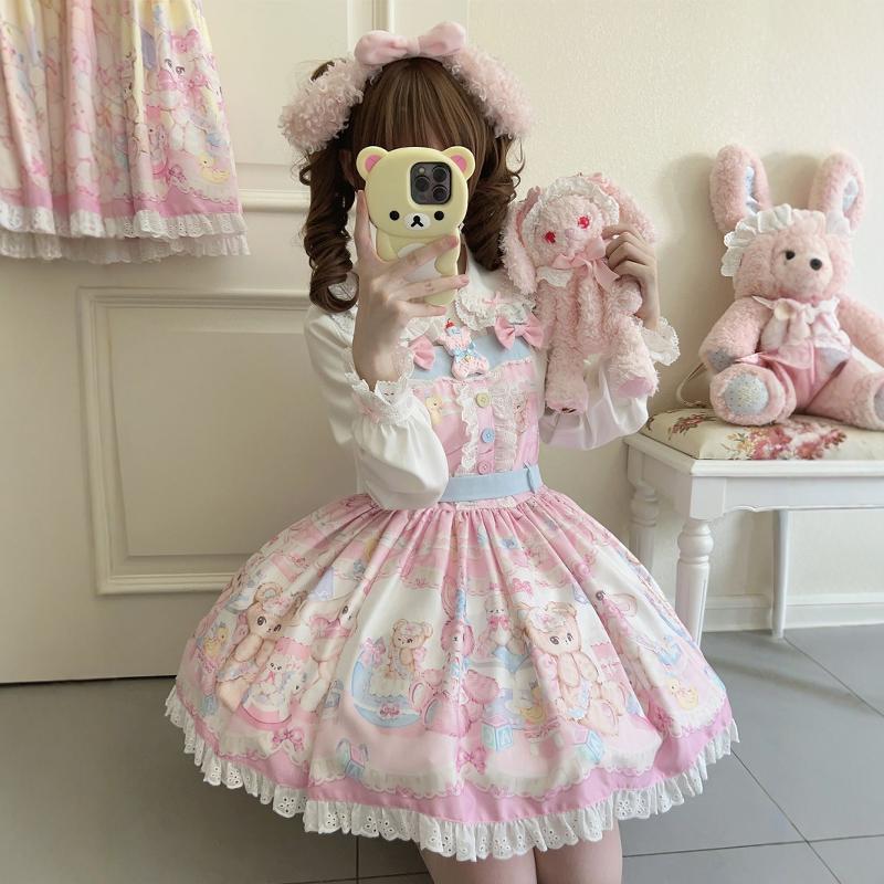 Lolita正規品新作大童jskベアーワンピースロリータ蝶結びストラップセットスカート春夏
