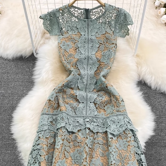 レディース 衣装 ドレス ミディアム丈ドレス ワンピース ミディアム丈ワンピース 演奏会 ステージドレス 結婚式ドレス ミディアム丈 半袖 刺繡 透かし編み 透け感 ウエストマーク レース