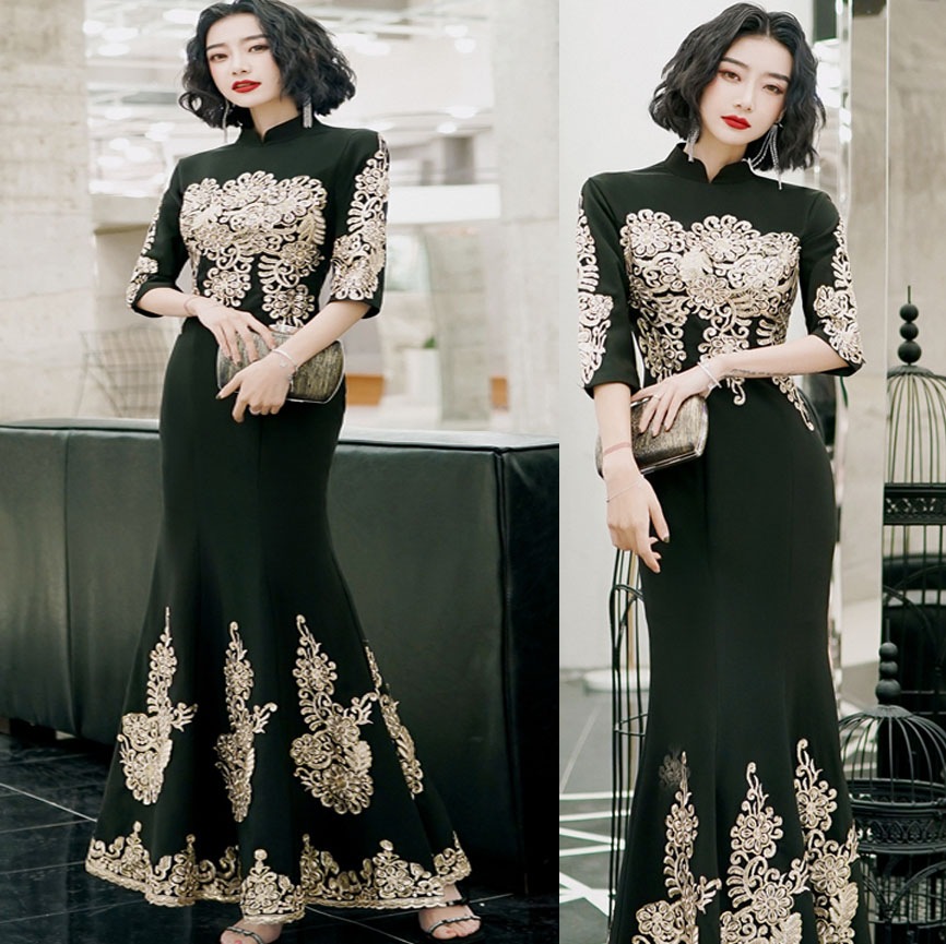 きれい上品パーティドレマキシ丈ロングマーメードドレス花柄刺繍スイブニング黒袖あり披露宴お呼ばれ結婚式同窓会成人式謝恩会発表会演奏会卒業式入学式大きいサイズブライズメイドフォーマルドレスチャイナドレス