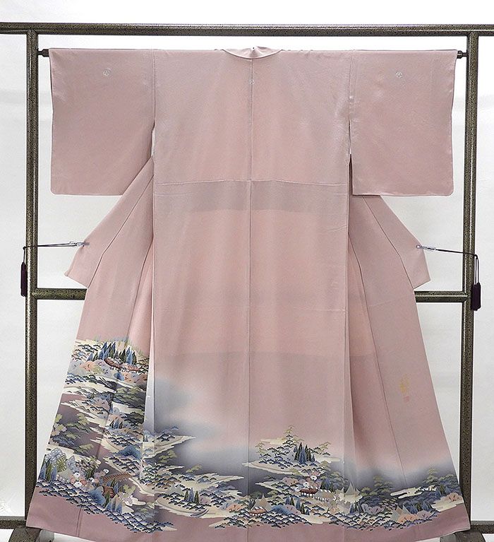 色留袖 正絹 家屋風景模様 身丈160cm 裄丈64cm 色留袖 中陰蔦 三つ紋 リサイクル 着物 f4008