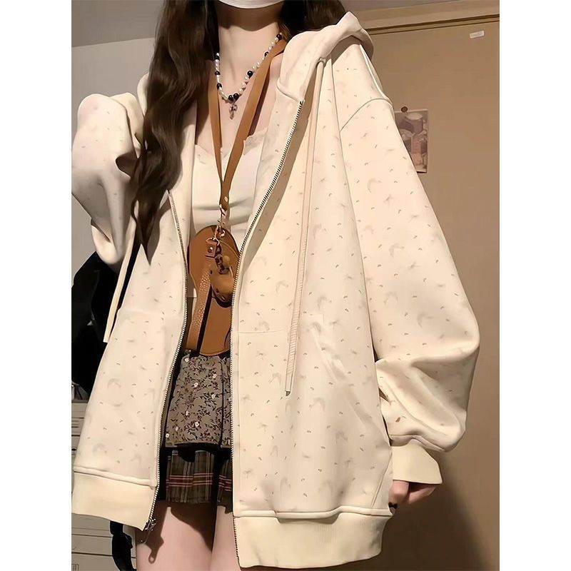 花柄のフード付きスウェットシャツオーバーサイズ香港スタイルのシックなレディースジャケットゆったりとしたフード付きカーディガン春と秋に です