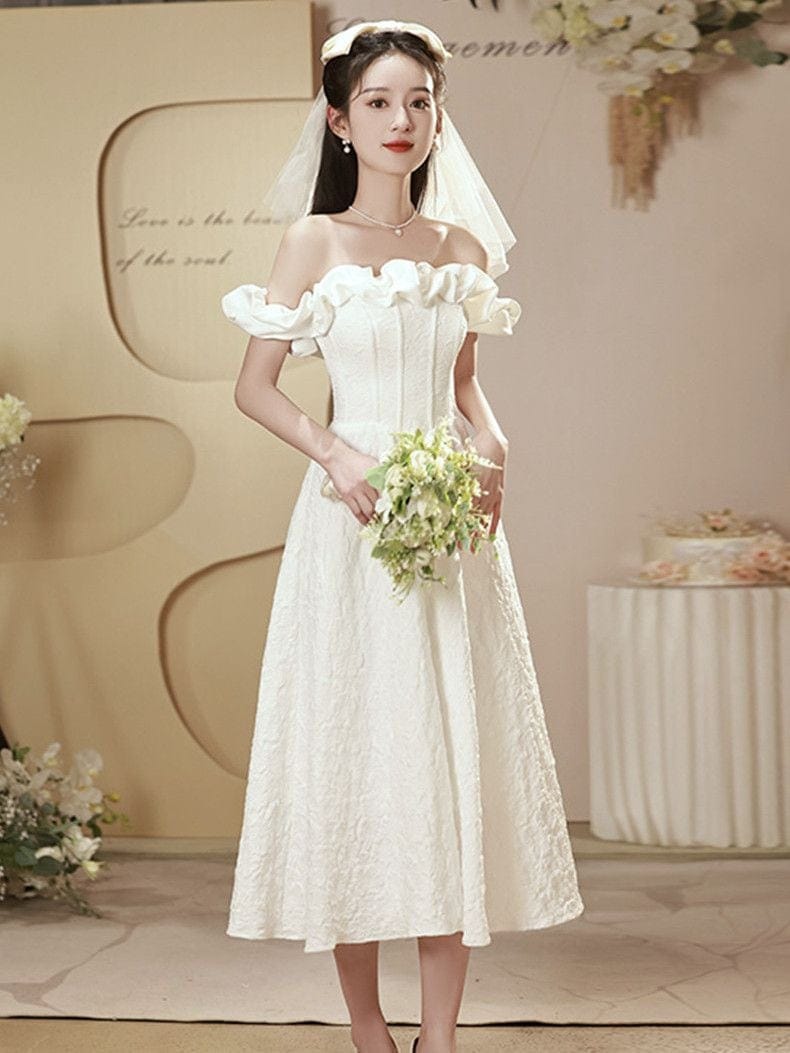 パーティードレス ウェディングドレス 結婚式ドレス フレンチイブニングドレス2024新しいハイエンドワンショルダードレスホストニッチ婚約証明書小さな白いドレス