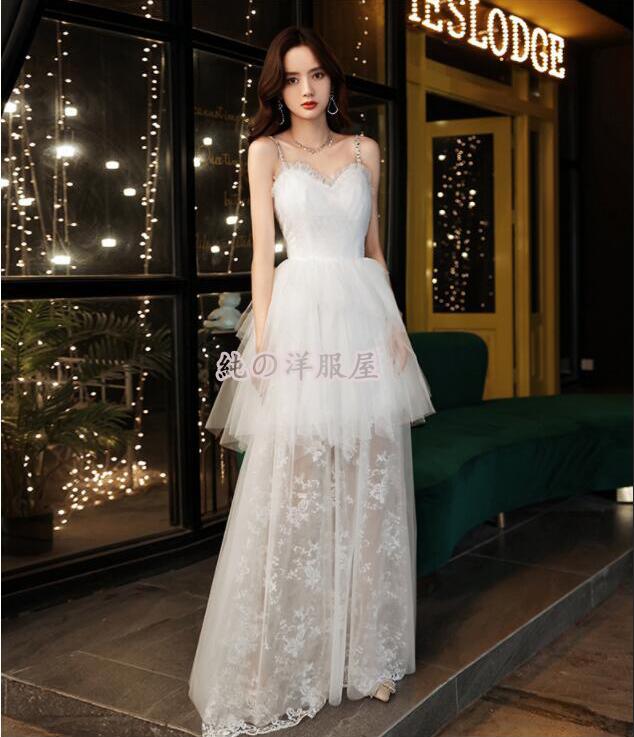 ウエディングドレス レディースイブニング レースキャミソールワンピース 白色 フォマールドレス 森系 きらきらパーティードレス 二次会 お呼ばれ フォマール ドしろレス 司会者 演奏会 同窓会