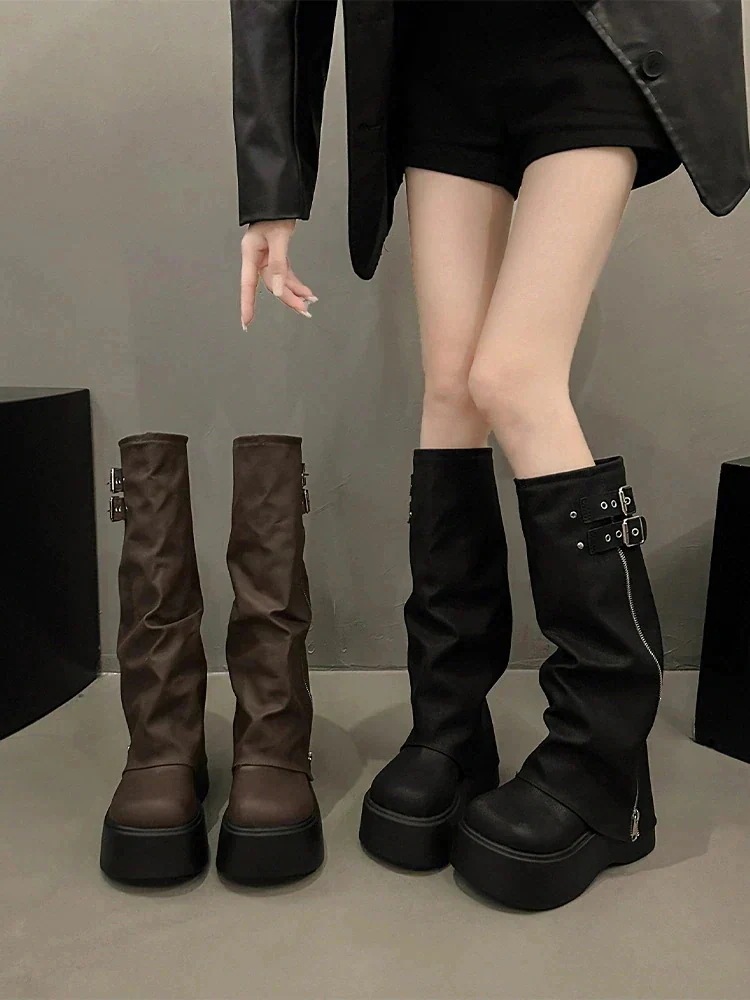 25 韓国 5cm ヒール ベルト付き ロングブーツ 靴 美脚 脚長 色っぽ風 女っぽローヒールカジュアルフェイクきれいめ 大人っぽ 上品 ウエスタンブーツ エコゆったり フェミニン