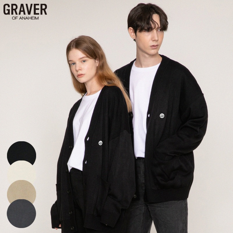 [UNISEX]スモールドット図面スマイル刺繍ニットカーディガン_4color