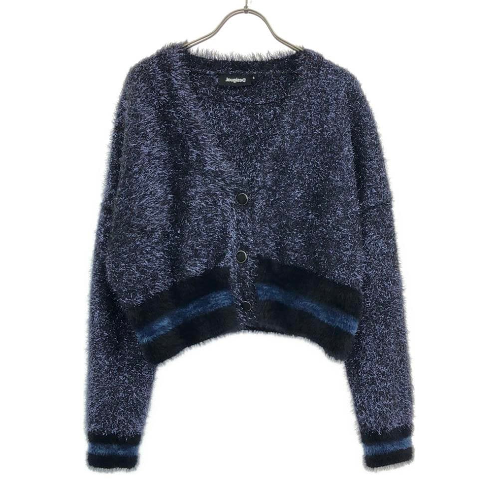 ボーダー 長袖 ラメ ファー カーディガン S ネイビー系 レディース