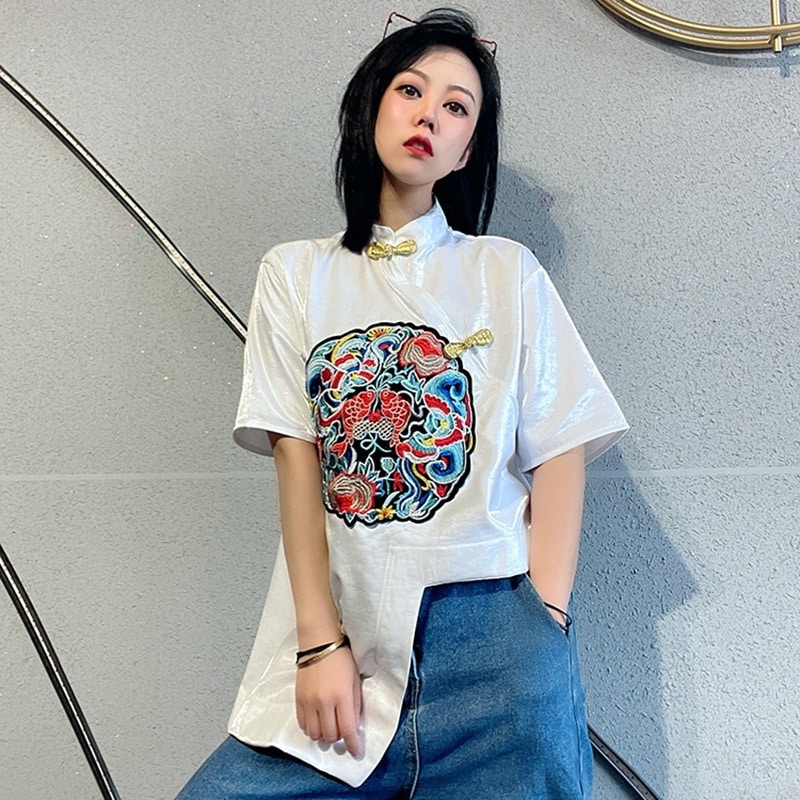チャイナ風ブラウス レディース 夏 刺繍トップス チャイナボタン 不規則 改良唐装 立ち襟T シャツ