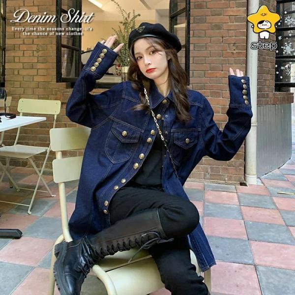 デニムジャケット レディース ロング丈 チュニック アウター 秋 春 冬 カジュアル ポケット コート オーバーサイズ フリーサイズ おしゃれ 大人 クール 可愛い