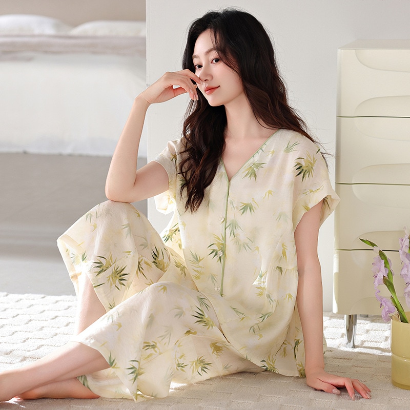 レディースパジャマ夏純綿半袖九分丈パンツカーディガン大きいサイズ夏ホーム服中年スーツ2025新作
