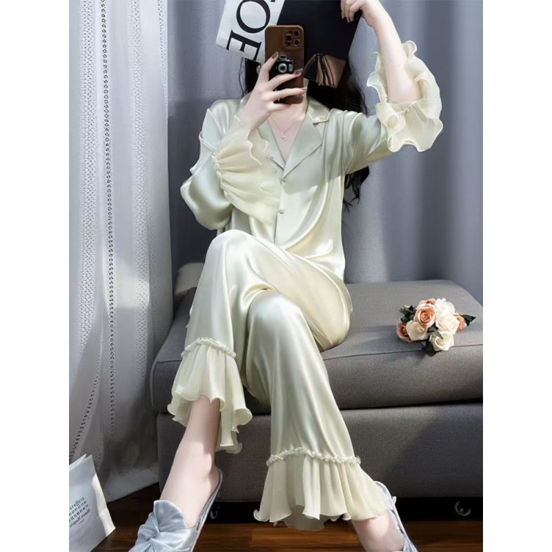 ウォーターライトシルクフレンチスイートパジャマレディース春秋長袖夏薄手アイスシルクホームウェアスーツウッドイヤーエッジ無地