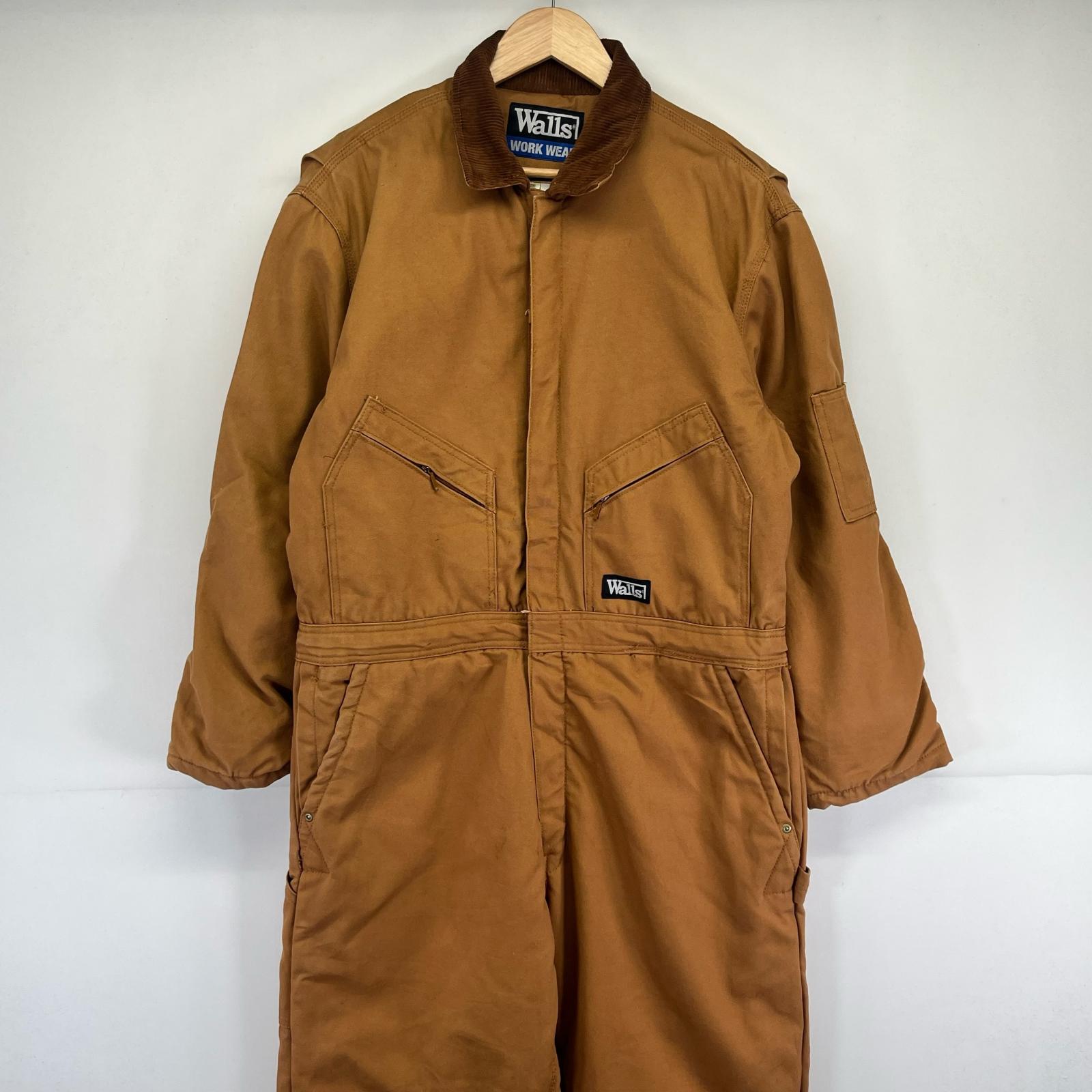 古着 ウォールズ walls 長袖つなぎ ダック オールインワン ワーク ワンポイントロゴ 中綿 キルティング L ブラウン系 メンズ