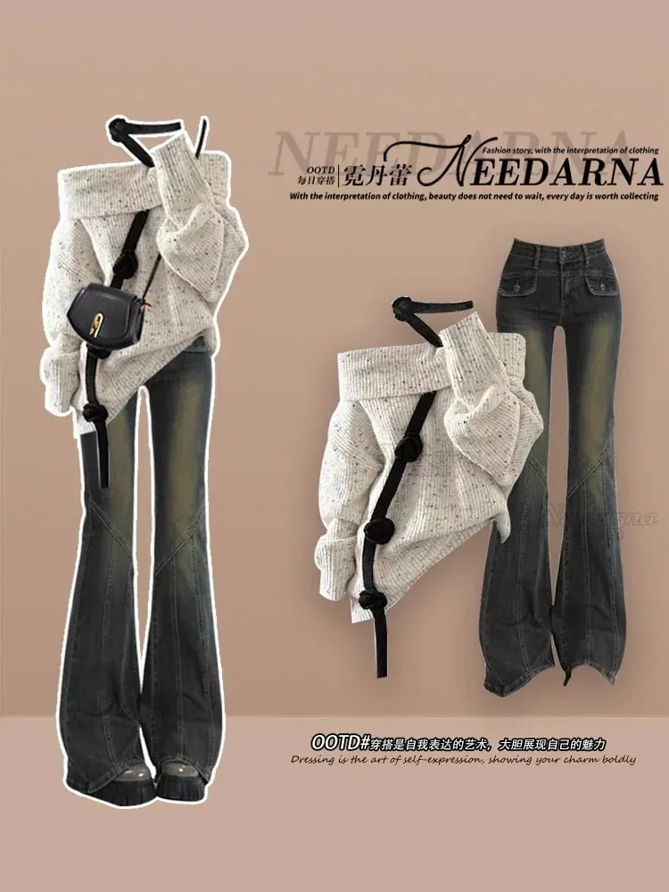 通勤スーツ・エレガント長袖セーター・ブーツカットジーンズがセットになった服2点セット1308新色入荷