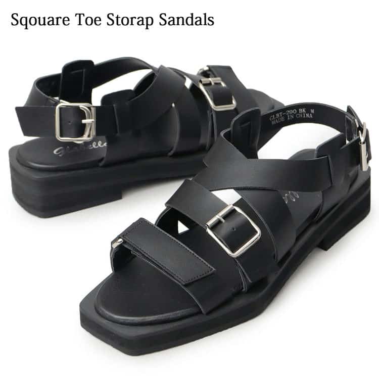 glabella グラベラ サンダル メンズ 靴 黒 ブラック おしゃれ 厚底 ストラップサンダル フラットサンダル レザーサンダル シンプル レザー風サンダル くつ シューズ SQOUARE TOE