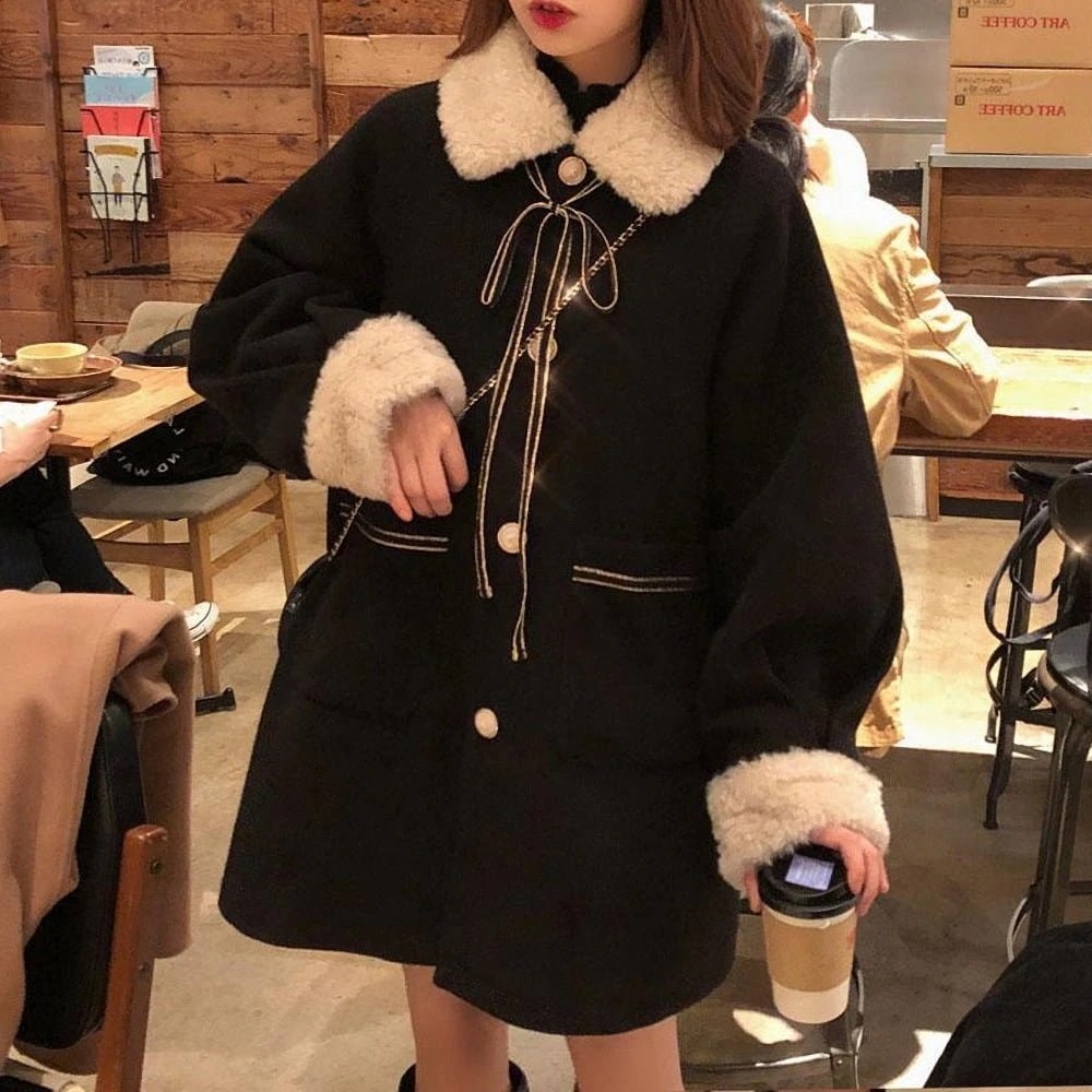 韓国デザイン秋冬ヘップバーンスタイルウールコート