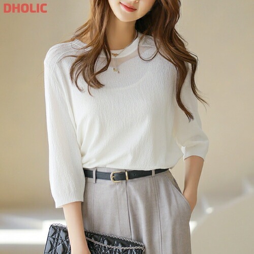 [メガ割りSALE]リボンチャームシースルーリンクル7分袖ニット