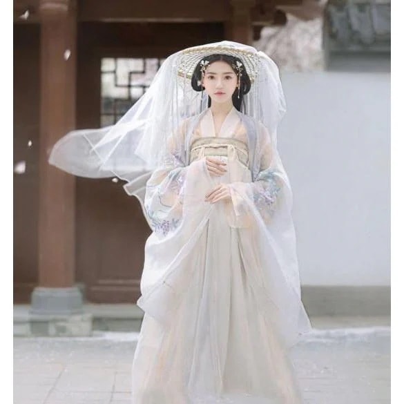 オリジナル漢服三点セット＋かぶりかさ　中国古代伝統衣装漢服宮廷唐時代衣装　スタジオ舞台撮影チャイナドレス　中華コスプレ衣装　イベント演出衣装　振袖華流30%までに制限