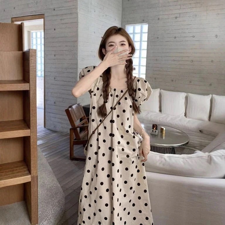 韓国風 ワンピ半袖ワンピース夏新作 韓国風 プルームスリーブ ドット柄 タイドベルト ワンピース水着ワンピースuvカットパーカー