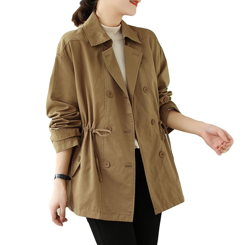 [最安値挑戦]！大きいサイズ 着痩せ 体型カバー 快適 ダブルボタン ドローコード付き シンプル ショートコート アウター 春秋 トレンチコート レディース ジャケット