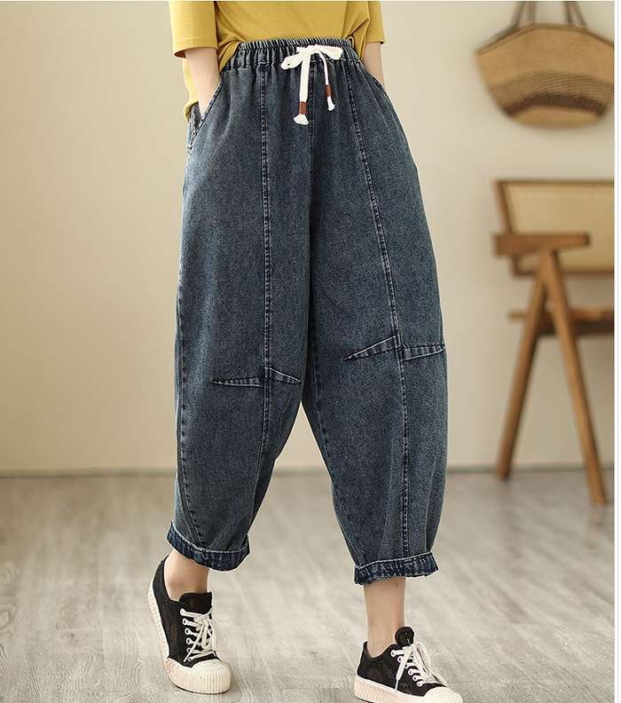 激安販売！大きいサイズ レディース デニム パンツ クロップド ウエストゴム 韓国ファッション M L LL 3L ボトムス 大人カジュアル 5,117円