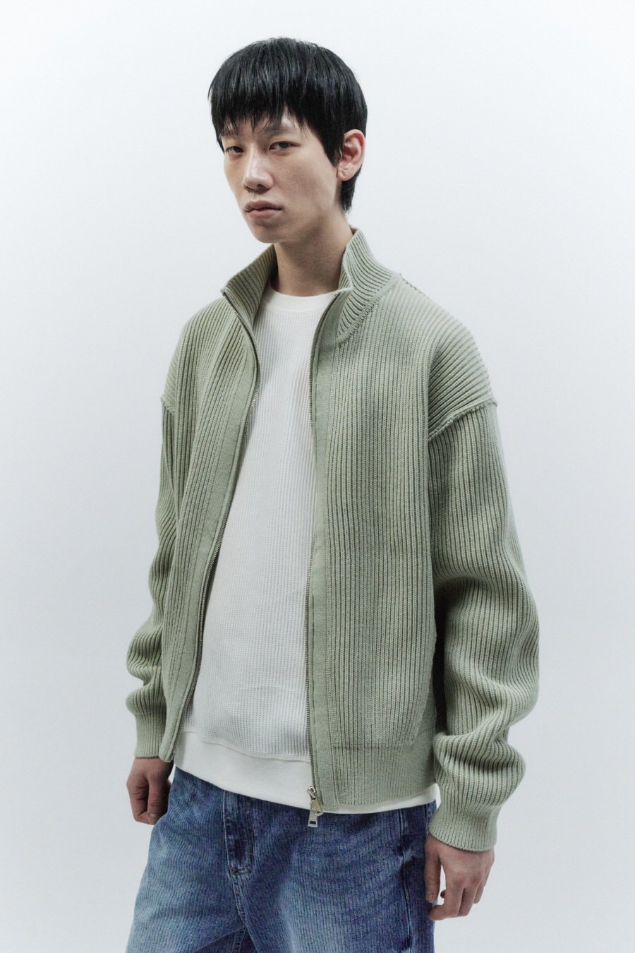 【INSILENCE】 OVERSIZED FIT KNITWEAR ZIP-UP : MINT GREY