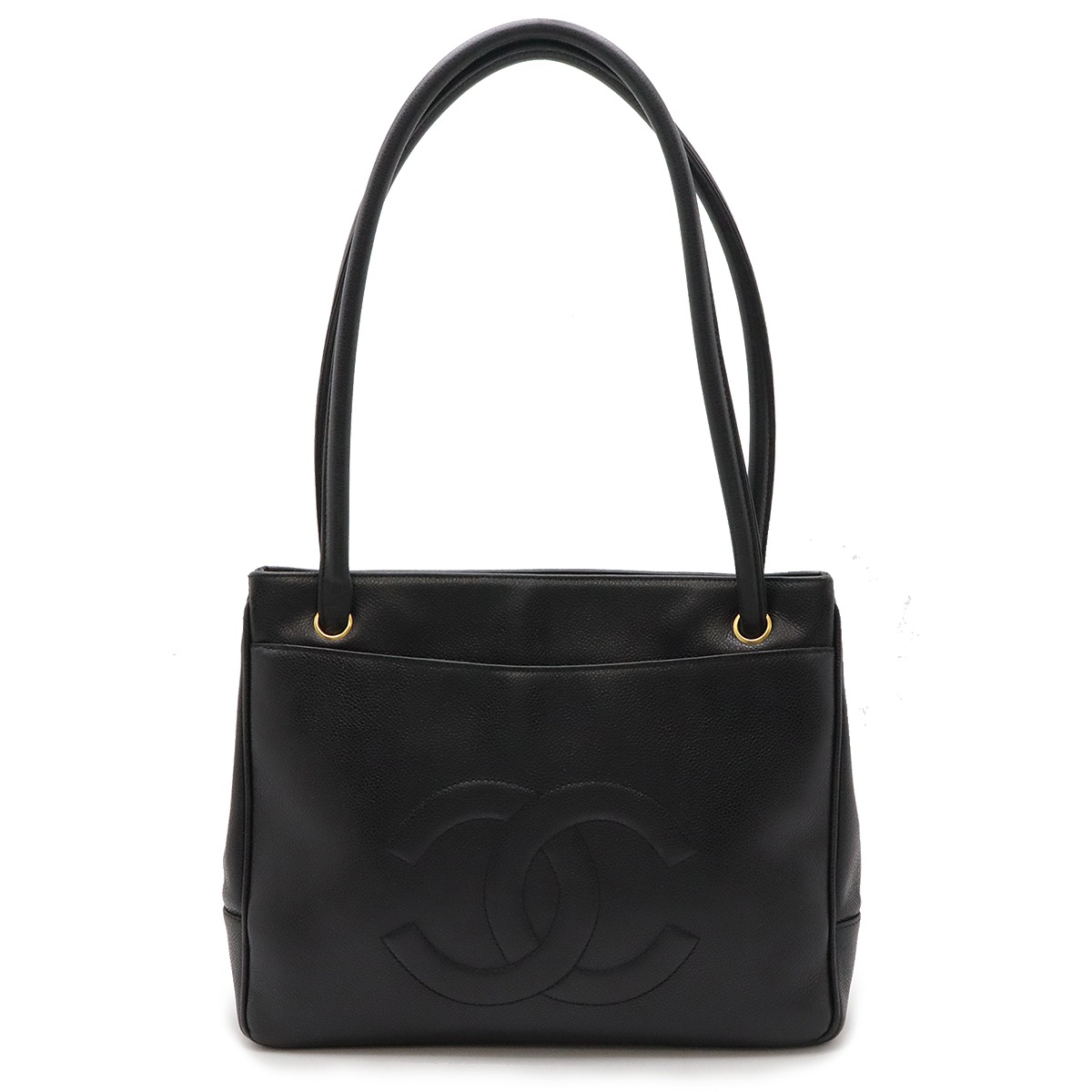 ココマーク トートバッグ ショルダートート ショルダーバッグ セミショルダー キャビアスキン レザー ブラック 黒 ゴールド金