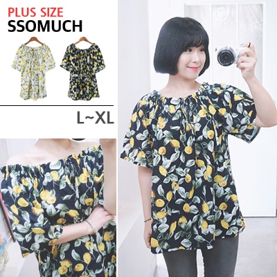 韓国 ビッグサイズ DAILYLOOK SSOMUCH様々なサイズ/高い品質レモン ブラウスボクシーフィット ブラウス/オフショルダー ブラウス/薄い/軽い/レモン パターン/夏/韓国製品/おおきい サイズ/送料無料