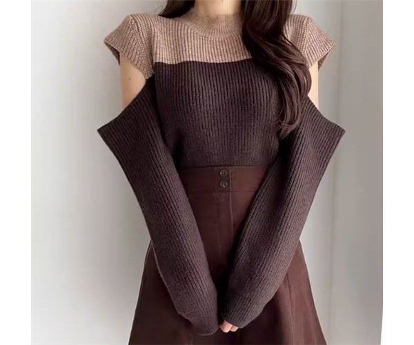 レディース トップス ニット セーター プルオーバー ショート クロップド丈 長袖 腕出し 肩出し ラウンドネック 肌見せ バイカラー かわいい 大人可愛い きれいめ シンプル カジュアル おしゃれ