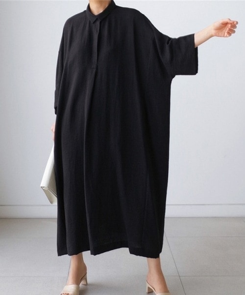 レディース ワンピース プルオーバー シャツワンピ ロング 長袖 襟付き ポロカラー ワイド 裾ワイド タック ふっくら リネン コットン 大人可愛い シンプル 上品 爽やか 涼しげ 無地 春 夏 海