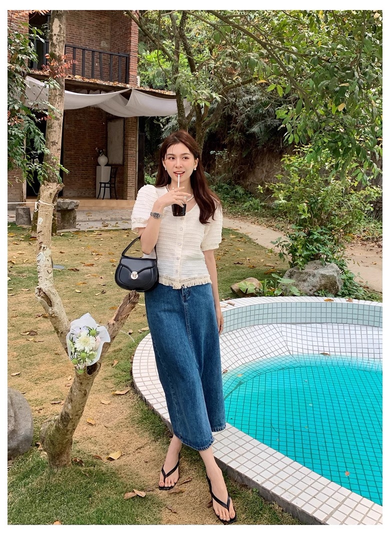 夏 韓国 スタイル シック デザイン タッセル 無地 オールマッチ 半袖 カーディガン 個性的 トップス Tシャツ シャツ 袖あり 半袖 Vネック 襟なし かわいい 大人可愛い カジュアル 大人 上品