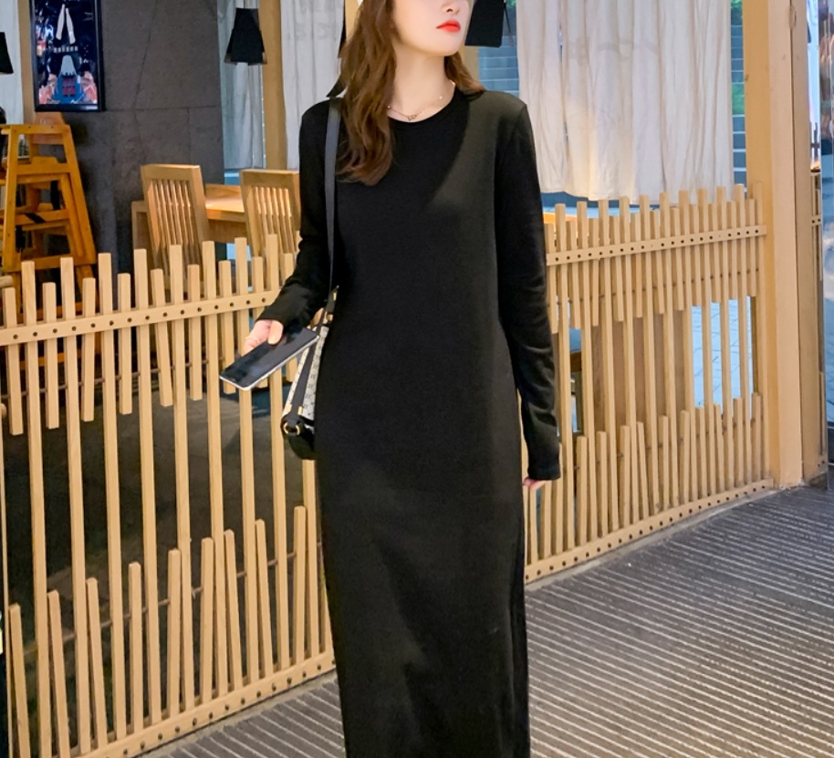 ワンピース ミモレ ミモレ丈 袖あり 長袖 萌袖 ラウンドネック 襟なし ストレート Iライン 伸縮性 綿 薄手 かわいい 大人可愛い シンプル カジュアル 大人 おしゃれ お洒落 大人可愛い 4,963円