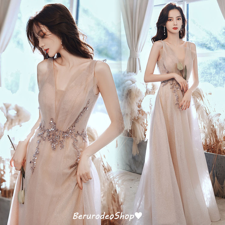 送料無料 イブニングドレス ロングドレス ベージュ ノースリーブ 発表会ドレス 演奏会ドレス ウエストスパンコール キレイめ 結婚式ドレス 二次会ドレス パーティードレス お呼ばれドレス Vネック X