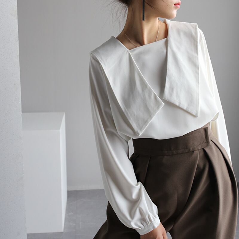 2color レディース トップス カットソー パフスリーブ袖 長袖 スタイルアップ 体系カバー