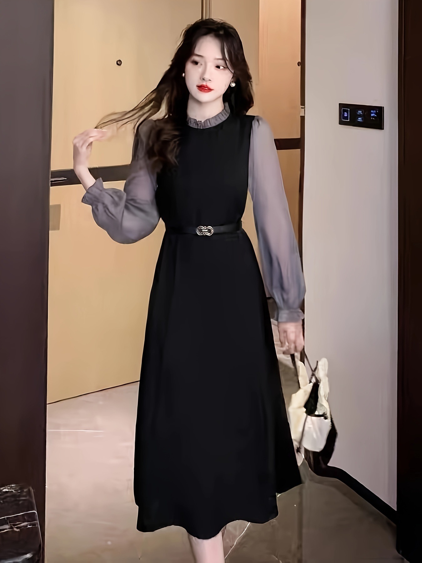 カラーブロックレタストリムドレスエレガントな長袖ミディドレス婦人服
