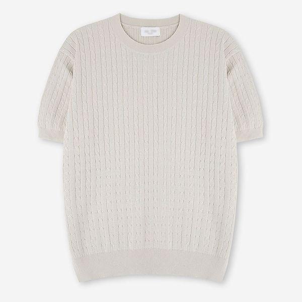メンズケーブルリネンラウンド半袖ニットTシャツ AT KNH Q012 灰ベージュ_P422651164