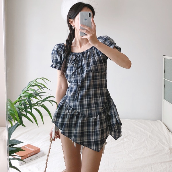 韓国ファッション アンバランスシャーリング オフショルダー バンディング チェック ブラウス