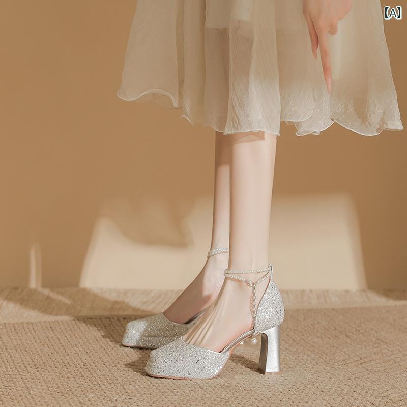 【新品販売】ヒール レディース パンプス 美脚 メリージェーン ウェディングシューズ ブライダル シューズ 婚約 シングル シューズ 厚手 ヒール スクエアトゥ 防水 靴 一文字 ストラップ ハイヒー