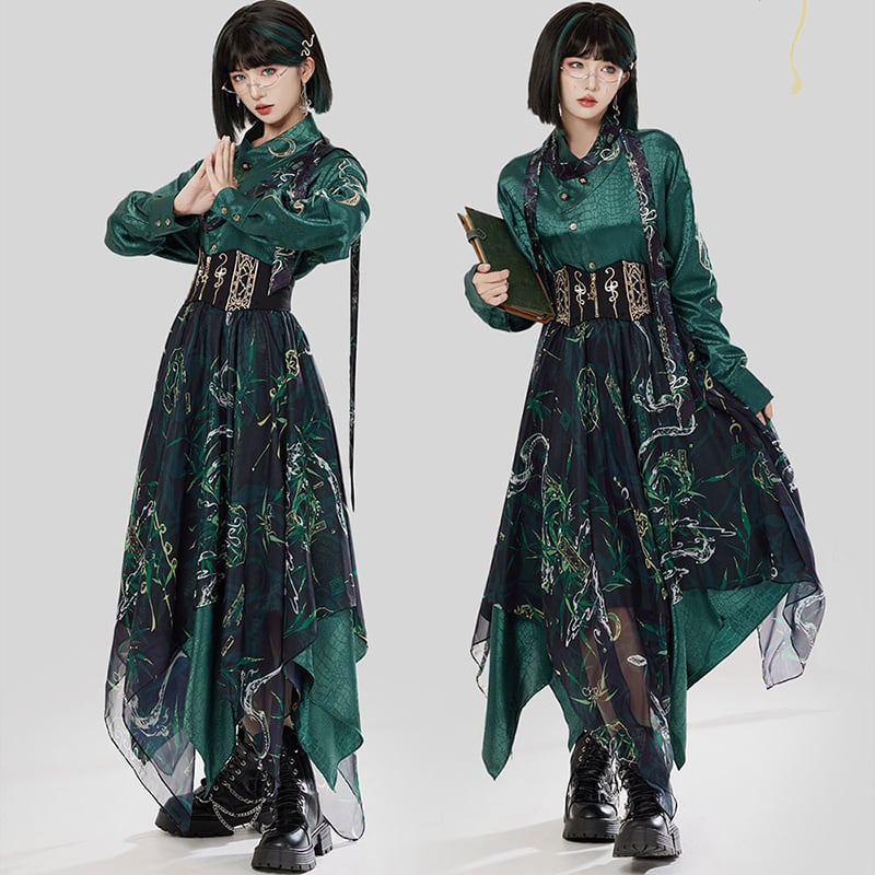 チャイナ風スカート レディース シフォンスカート 緑色 オリジナル アシンメトリー 中華服 演出服 撮影服 チャイナ服 合わせやすい