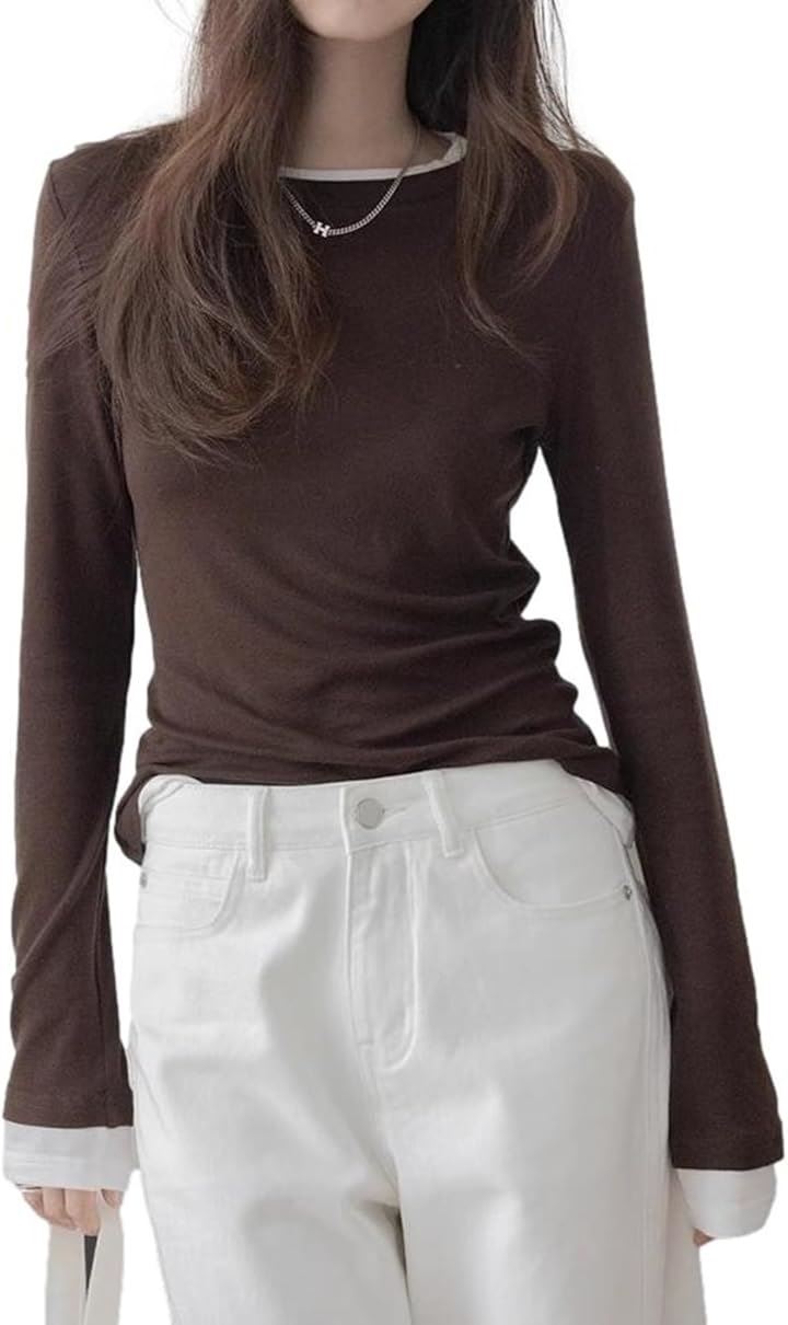 フェイクレイヤード ストレッチTシャツ リヨセルウール混 長袖(ブラウン, L)