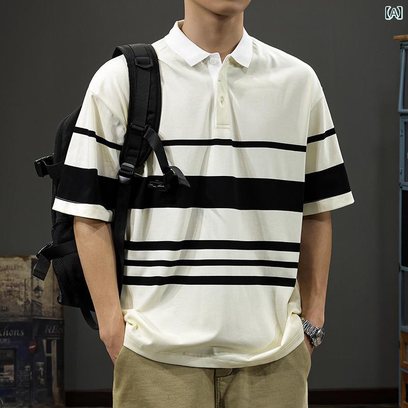 ポロシャツ アメリカン コントラストカラー ボーダー 半袖 男性用 ヘビー Tシャツ 夏 トップス 都会的 毎日 カジュアル ボタン メンズ サマー