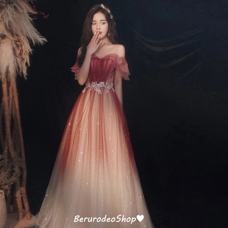 結婚式ドレス 二次会ドレス ワイン赤 グラデーション イブニングドレス オフショルダー ロングドレス パーティードレス お呼ばれドレス Vネック フレア フリル オシャレ キレイめ 20代 30代 5,610円
